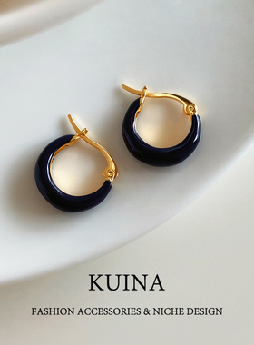 蓝色素圈耳扣耳环女小众设计感百搭独特漂亮耳钉轻奢高级感耳饰品