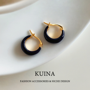 蓝色素圈耳扣耳环女小众设计感百搭独特漂亮耳钉轻奢高级感耳饰品