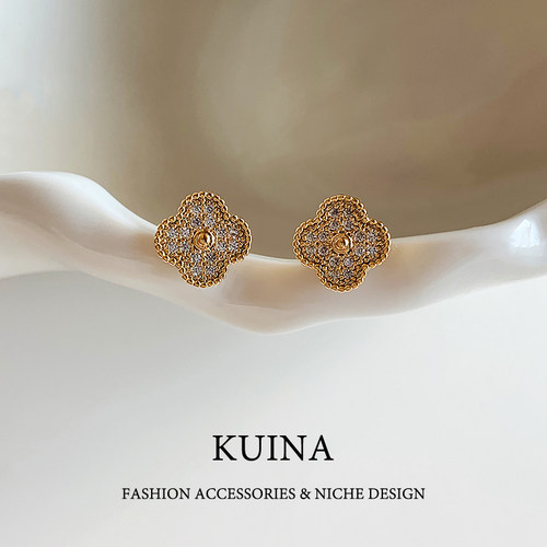 金色四叶草耳钉女纯银针闪钻耳环