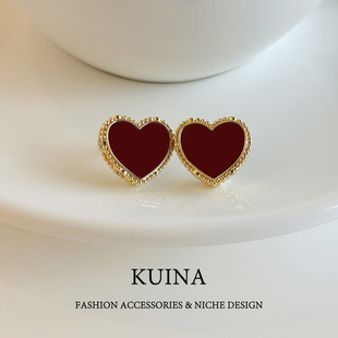 红色爱心耳钉女新款 秋冬轻奢高级感纯银针耳环新年复古气质耳饰品