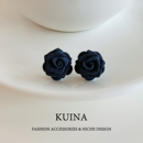 小众绝美蓝色玫瑰耳钉女法式 复古优雅纯银针耳环高级感花朵耳饰品