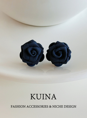 小众绝美蓝色玫瑰耳钉女法式复古优雅纯银针耳环高级感花朵耳饰品