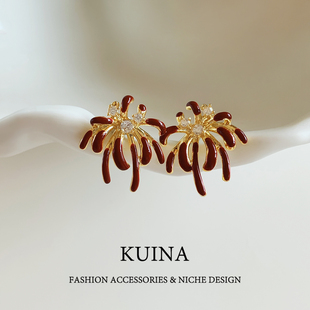 红色珐琅烟花耳环女新款 小众独特纯银针耳钉轻奢高级感气质耳饰品