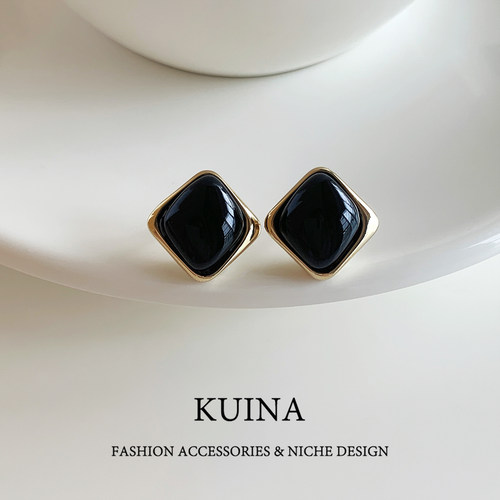 新款黑色方形耳钉小众轻奢简约
