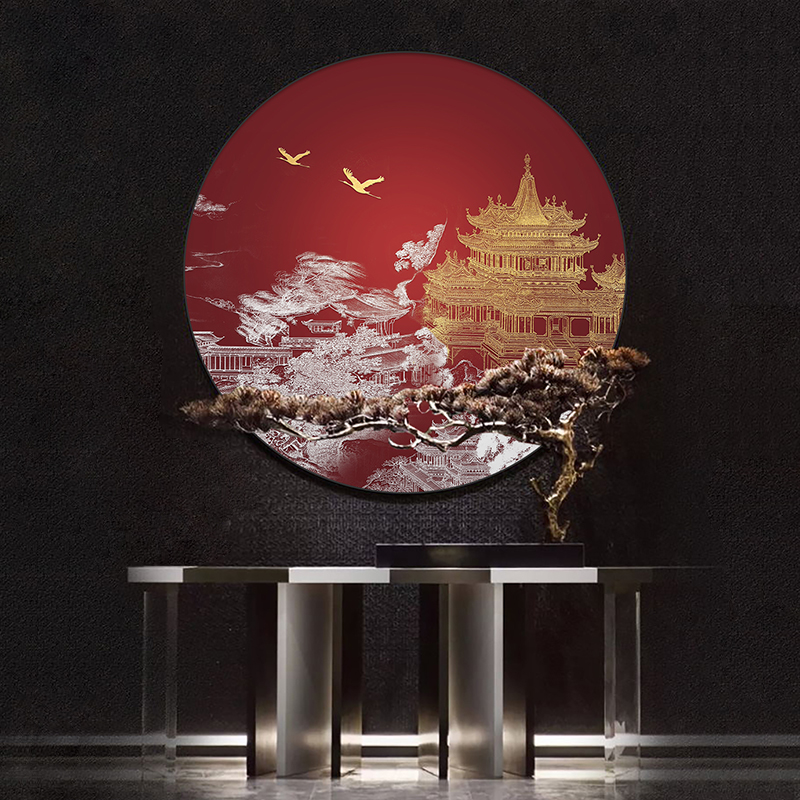 新中式玄关装饰画k浮雕立体客厅3D肌理圆形挂画茶室书房餐厅墙壁图片