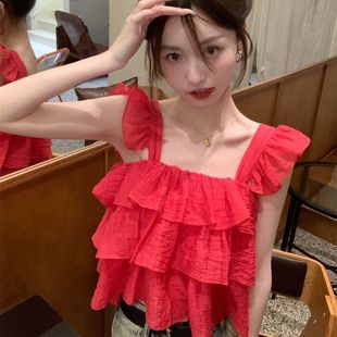 上衣 法式 甜美荷叶边吊带背心女夏外穿甜辣妹设计感小飞袖 袖 短款