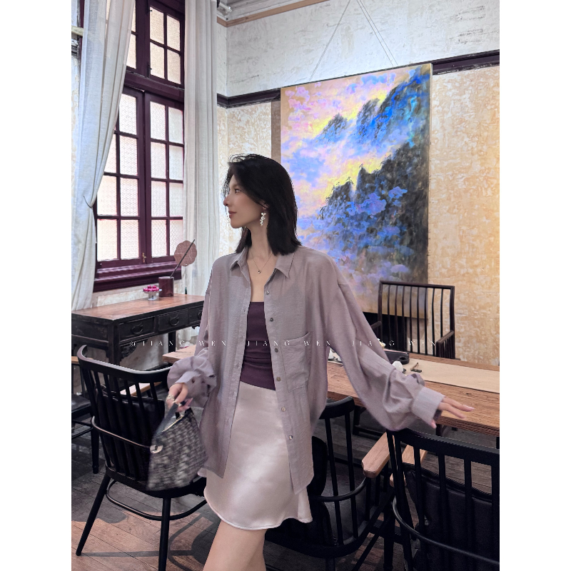 姜雯醋酸缎面衬衫女长袖紫色法式灯笼袖翻领夏季薄款防晒罩衫新款