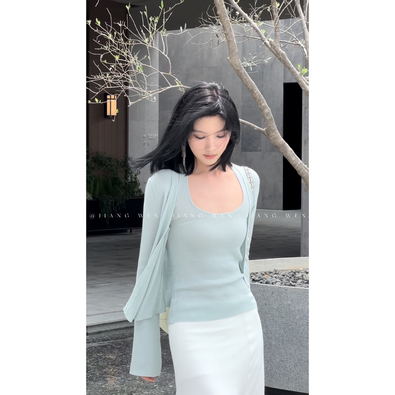 薄荷绿色上衣曼波风开衫浅绿色针织衫两件套装吊带背心罩衫薄款春