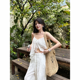 闊腿褲 姜雯白色吊帶褲 子套裝 兩件套女夏不規(guī)則飄帶雙層上衣長(zhǎng)褲