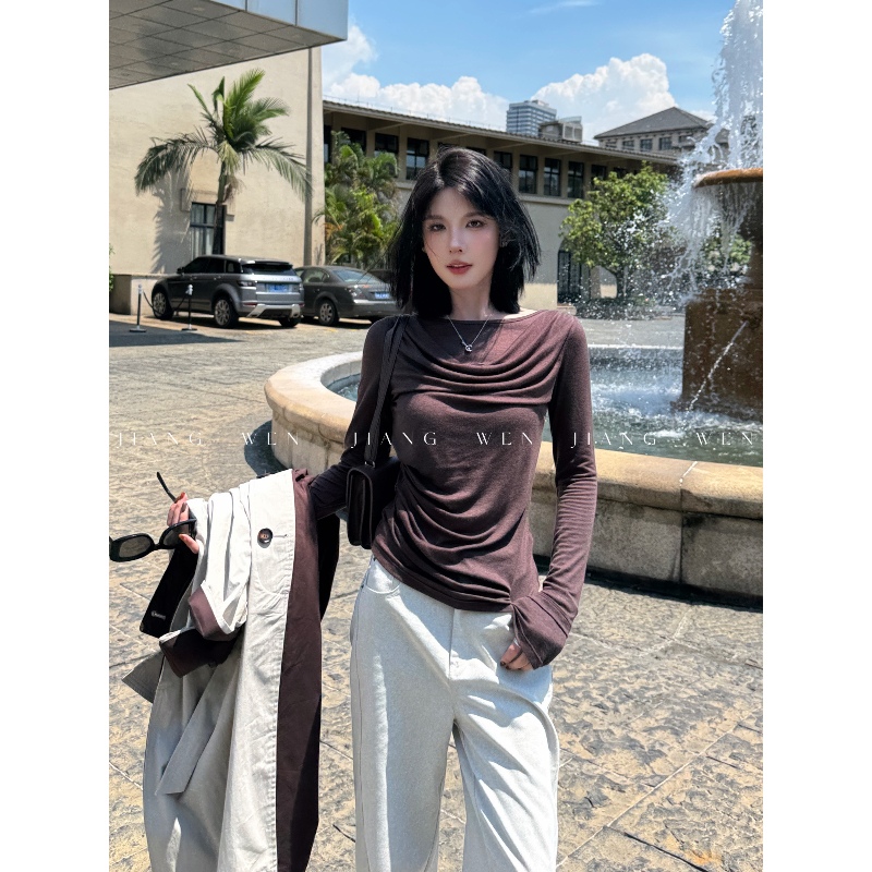 姜雯荡领天丝上衣一字领长袖T恤褶皱垂坠感打底衫显瘦美拉德新款
