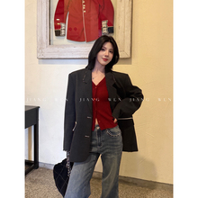 姜雯黑灰色廓形西装外套女西服设计感小众宽松慵懒风韩版休闲高级