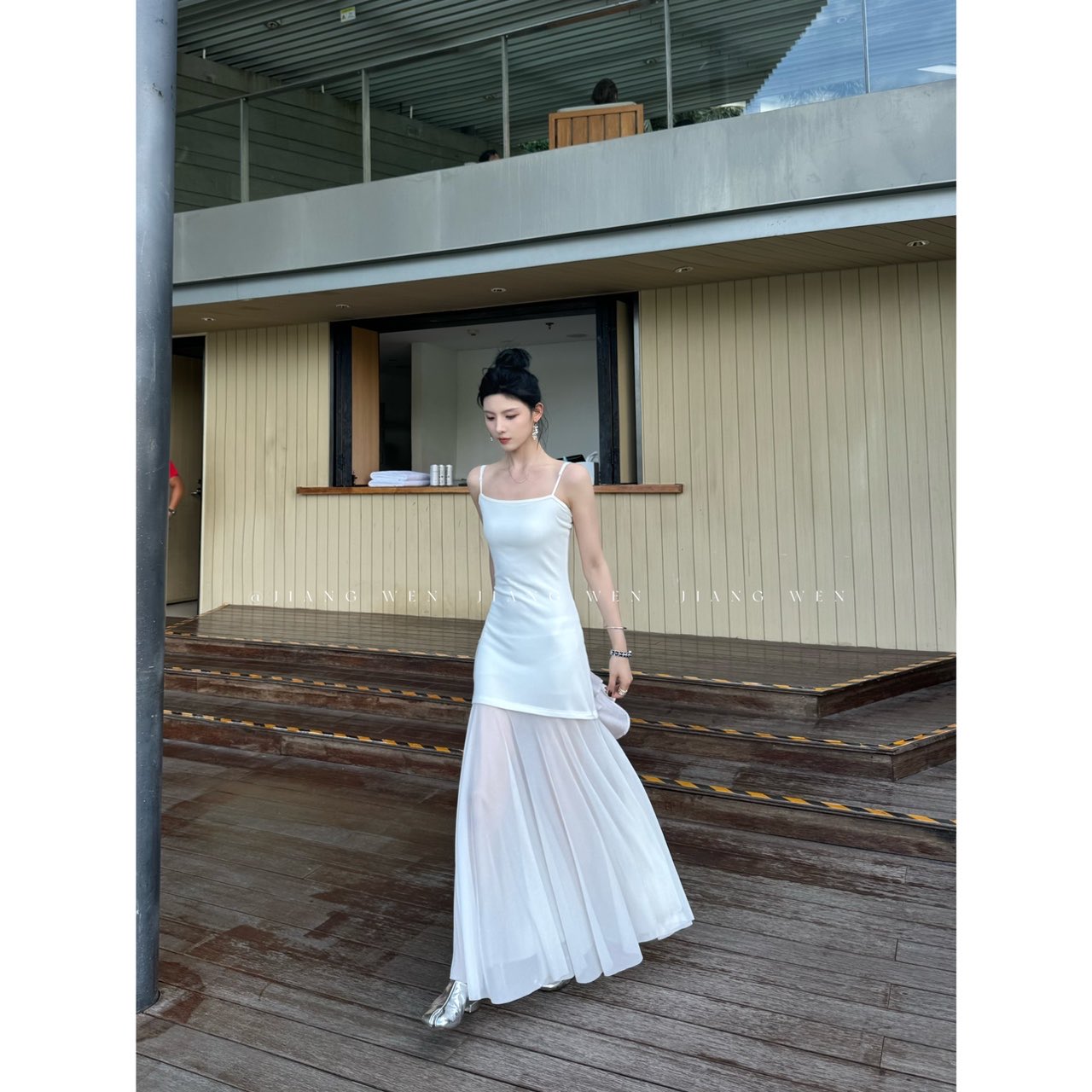 姜雯ukilau白色吊带网纱裙两穿薄纱连衣裙轻纱长裙女夏法式高级感