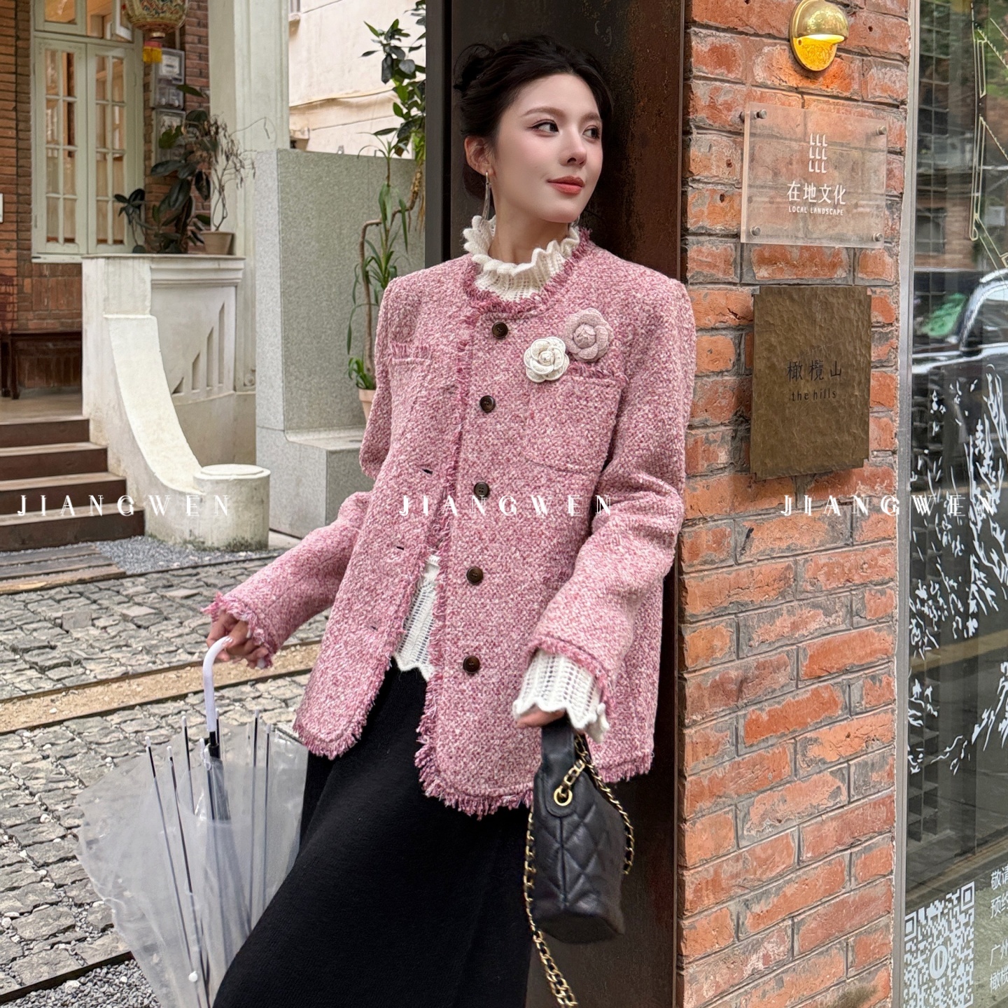 姜雯小香风羊毛混纺粗花呢外套