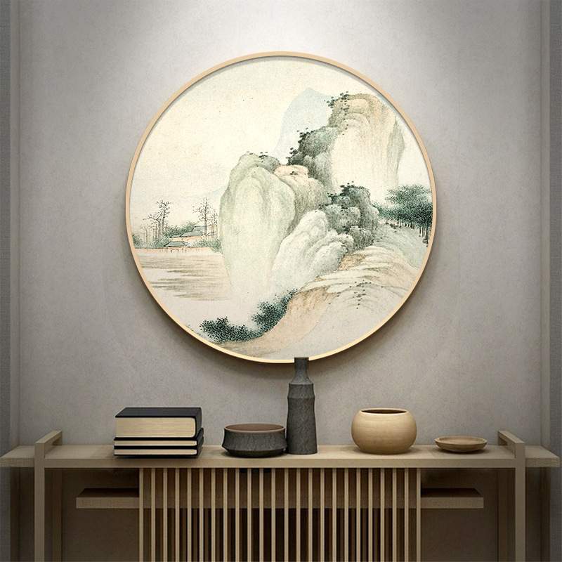 新中式茶室圆形装饰画客厅玄关山水画水墨国画禅意挂画中国风壁画图片