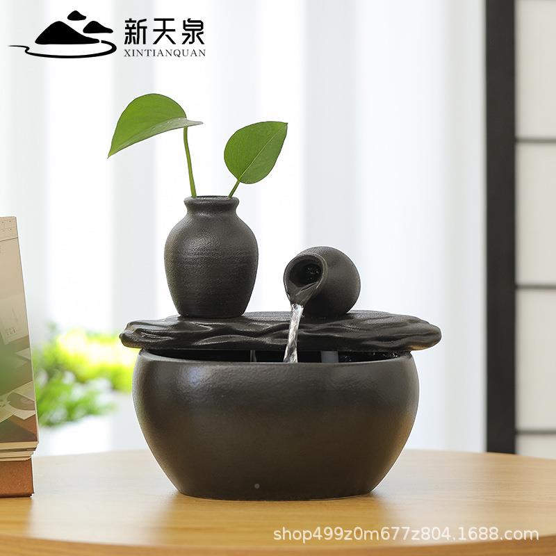 黑色陶瓷型养鱼缸流摆件小水流器客厅循环水加湿办公室HAA桌面水
