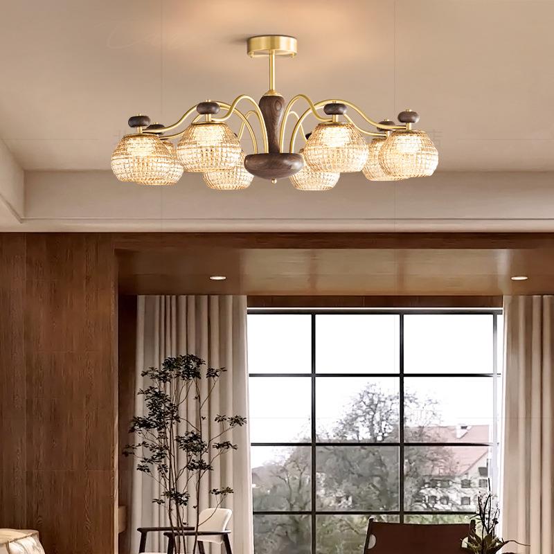 法式复中桃古全铜智客厅吊灯美式古北美黑胡355木能吊灯