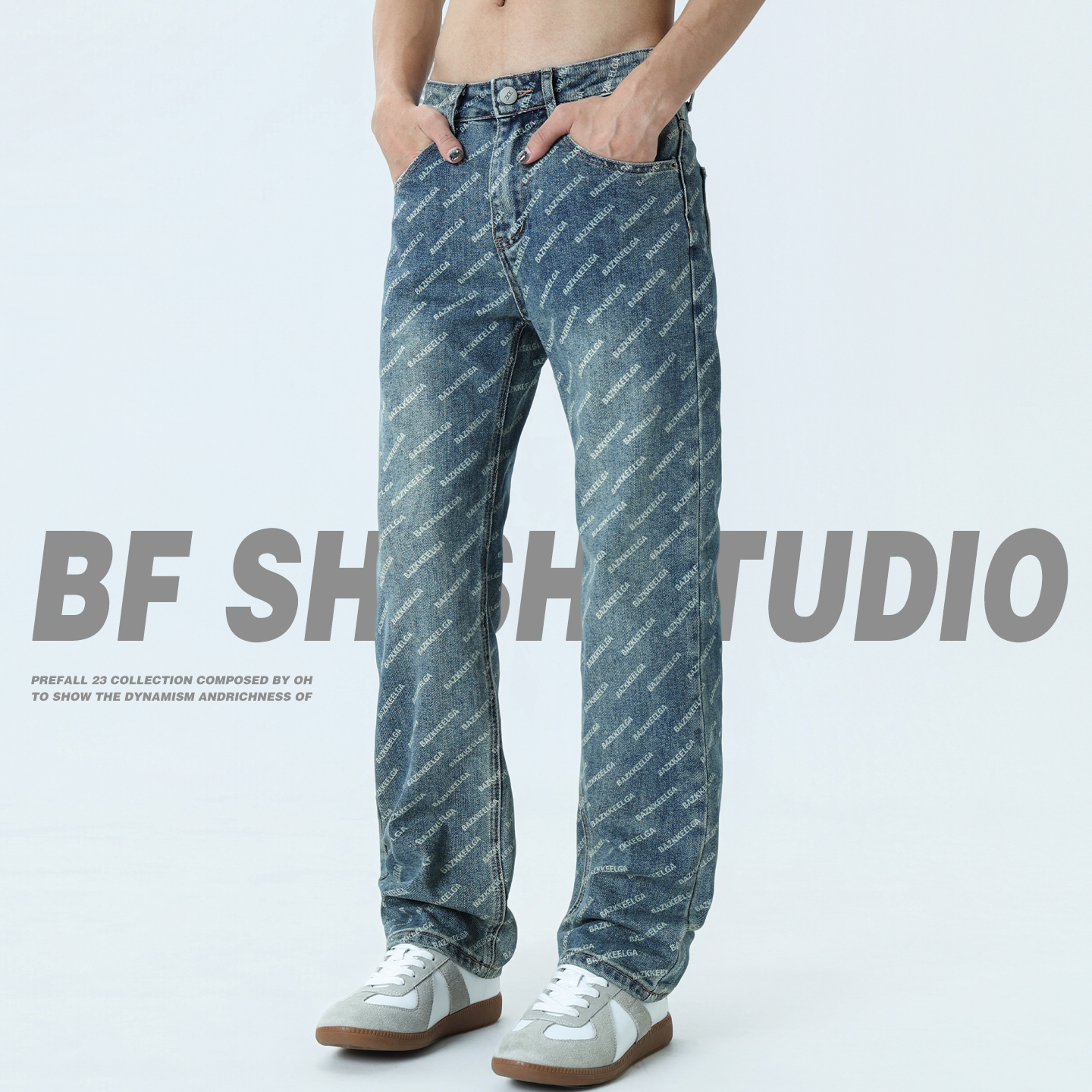 字母涂鸦印花牛仔裤男修身直筒