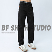 男士 新款 美式 水洗黑色牛仔裤 修身 直筒弹力秋季 复古潮牌ins休闲裤