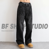 高街美式 子 潮牌宽松阔腿裤 黑灰色烫钻直筒满天星牛仔裤 男2026新款