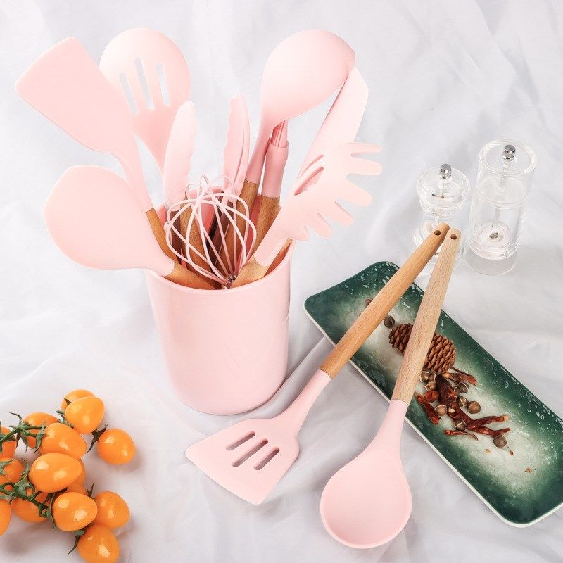 木柄烹饪不粘锅收纳桶木柄硅胶厨具12件套硅胶厨房用具铲勺套装