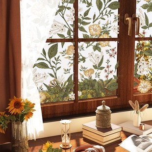 复古花卉厕所玻璃门改造浴室窗户贴膜租房磨砂膜防窥透光不透人