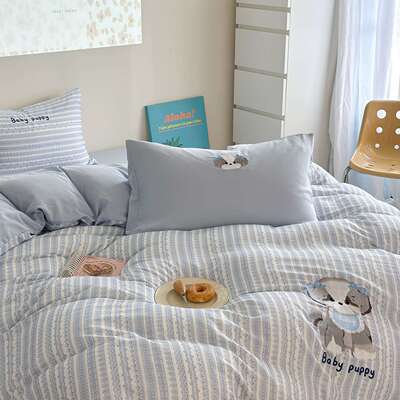 卡通双层纱亲全棉四件套可爱风棉绣花纯被套床单三件套肤床5454上