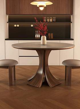 严奢中古风家用黑色圆形饭桌小户型餐桌椅子一套圆桌实木岩板餐桌