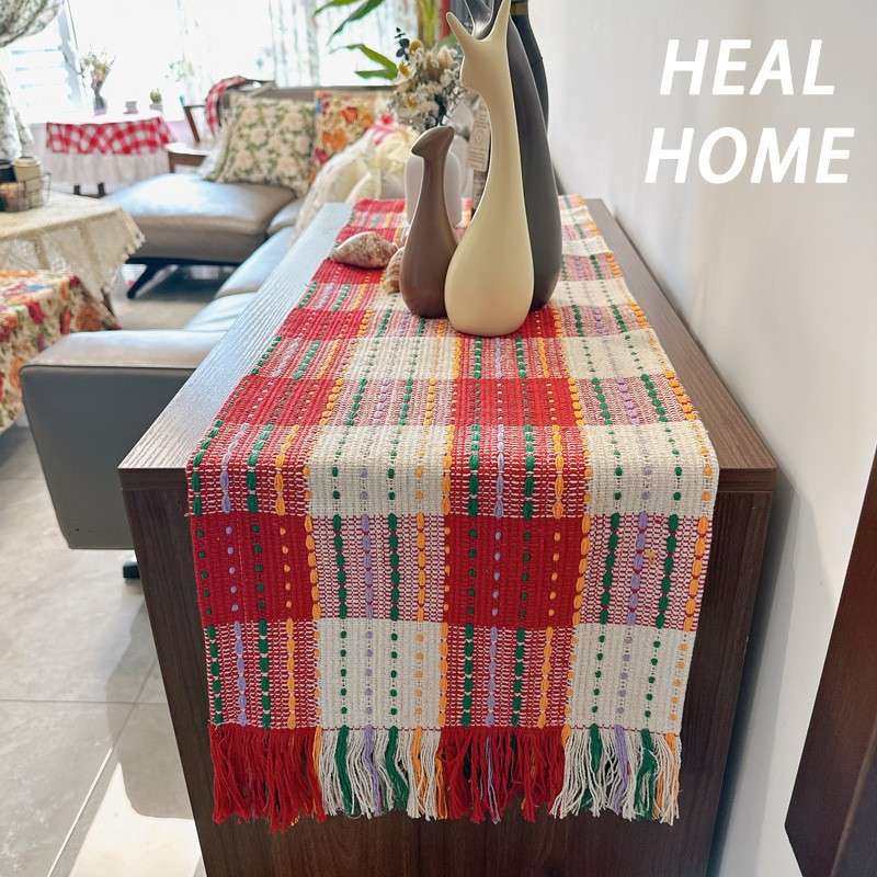 桌复古红白格编织流苏棉垫XWG线长条桌旗桌布茶艺垫派对拍照餐道B,电子元器件市场,其它元器件,淘宝优惠券,粉丝福利购,淘宝优惠卷