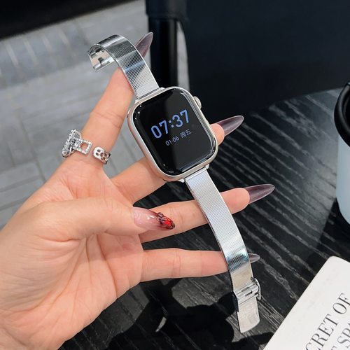 适用红米手表5代表带镜面卡扣网带Redmi4代腕带苹果S10高级感s9小香风小米9pro智能手环华为FIT3链带8pro配件