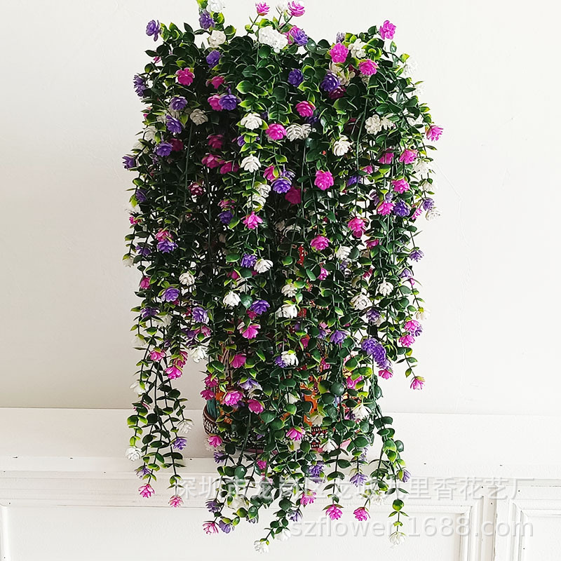 跨境彩色仿真玫瑰花尤加利草壁挂绿色仿真植物绿色草藤蔓把束装饰