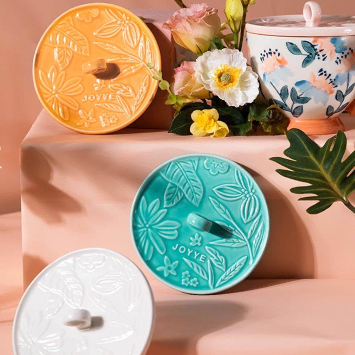 浮雕花陶瓷杯盖手绘杯水杯盖子配件杯盖通用单卖早餐杯盖