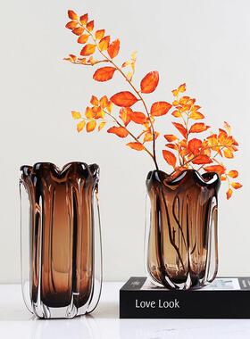 轻奢花瓣琥珀色艺术玻璃花瓶摆件现代高档简约客厅餐桌样板房装饰