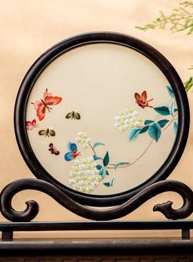 新中式摆件双面刺绣轻奢高档办公室台屏复古风苏绣特色工艺品送礼