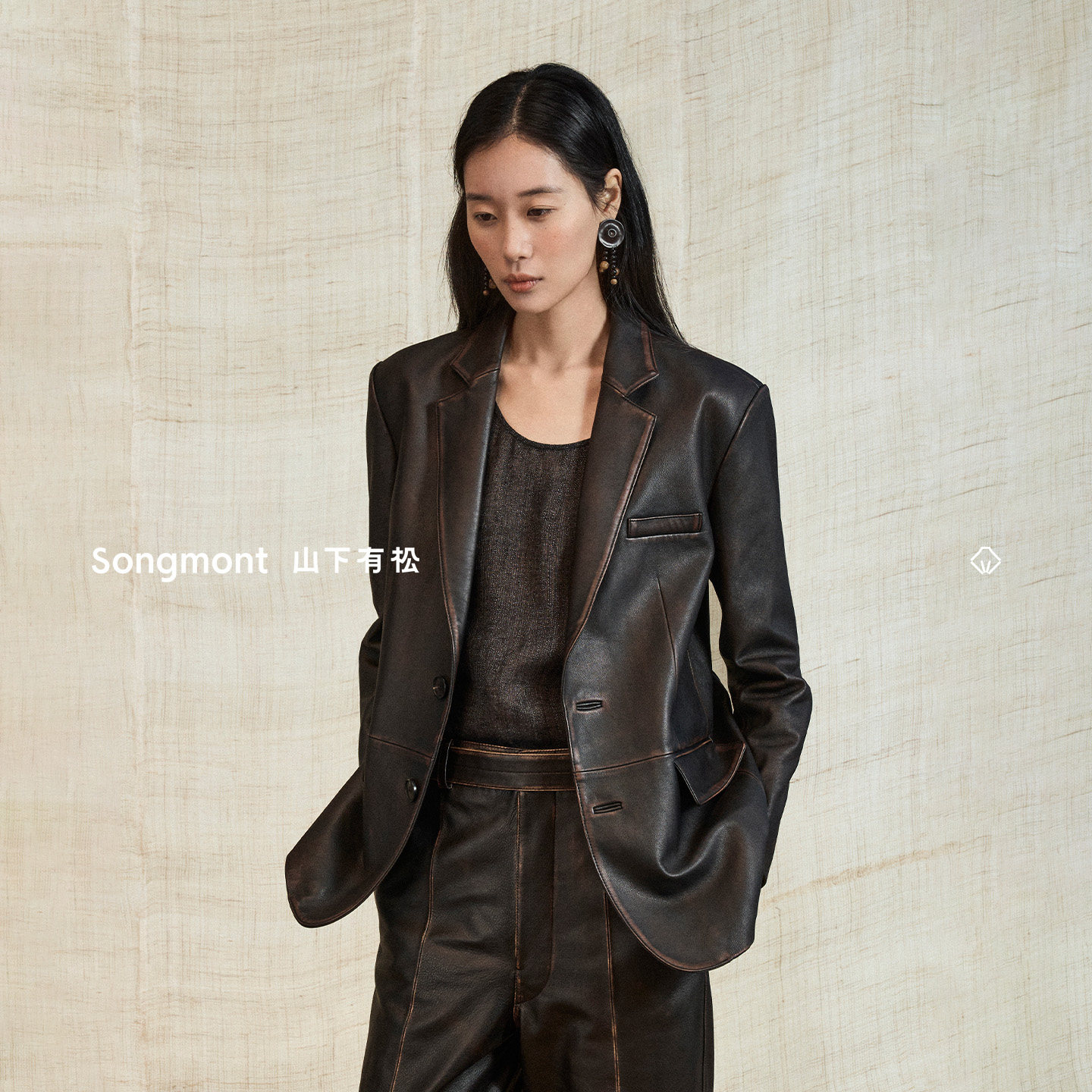 Songmont山下有松复古做旧擦色绵羊皮西装式皮衣夹克秋冬新款