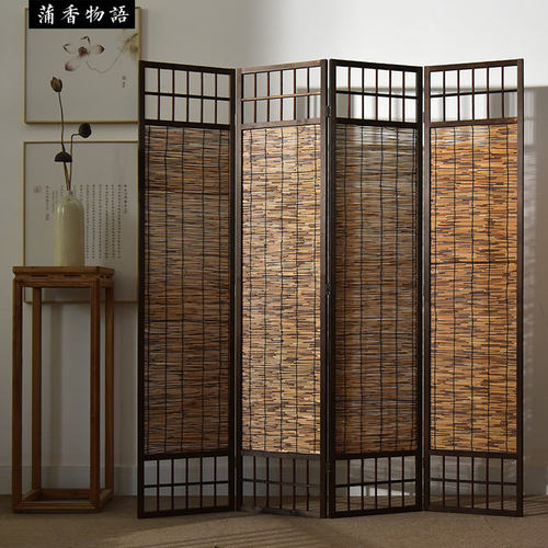 中式木质屏风隔断入户玄关客厅茶楼民俗复古艺术折屏芦苇编织屏风