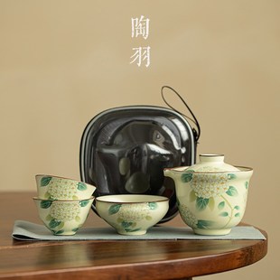 快客杯 仿宋汝窑绣球花手抓壶旅行功夫茶具一壶三杯家用户外便携式