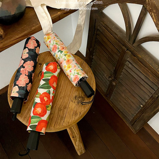 郁金香蔷薇复古三折叠黑胶太阳伞手动防紫外线遮阳伞晴雨两用伞