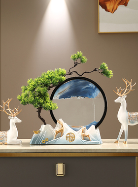 迎客松创意流沙画摆件沙漏客厅入户玄关酒柜办公室领导高档装饰品