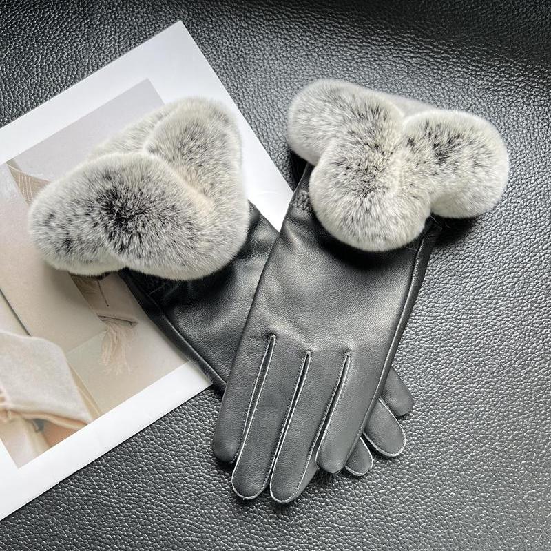 新款狐狸毛袖口獭兔毛手套女真毛冬季连指加绒加厚保暖皮草手套