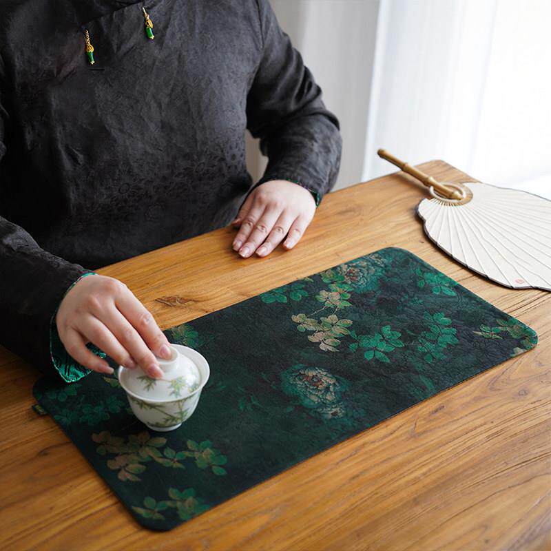 绿茶套装慢蓝茶席丝绸香云纱新中国风禅宗防水席茶席桌布50*24cm