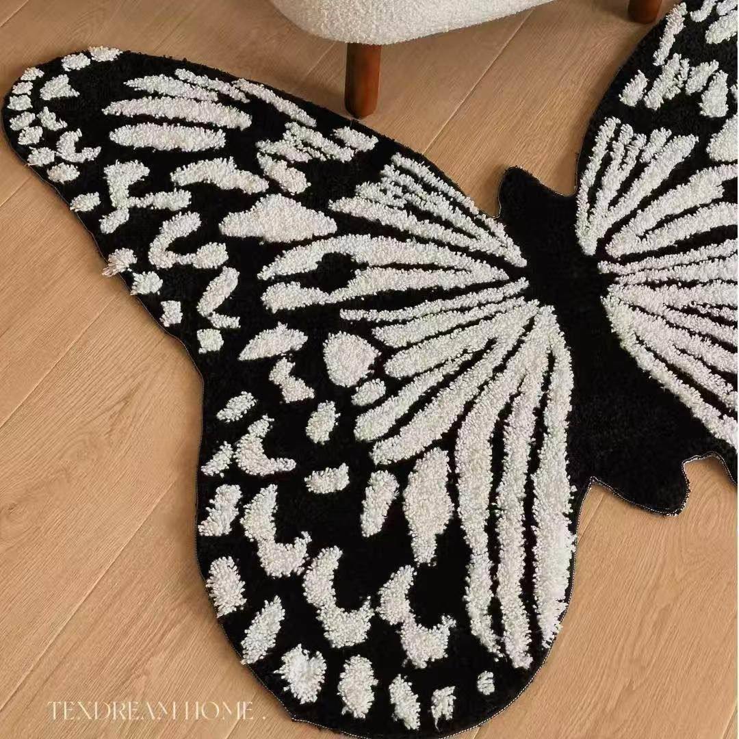 创意异形吸水地毯黑白蝴蝶沙发装饰防滑垫可折叠柔软亲肤植绒地垫