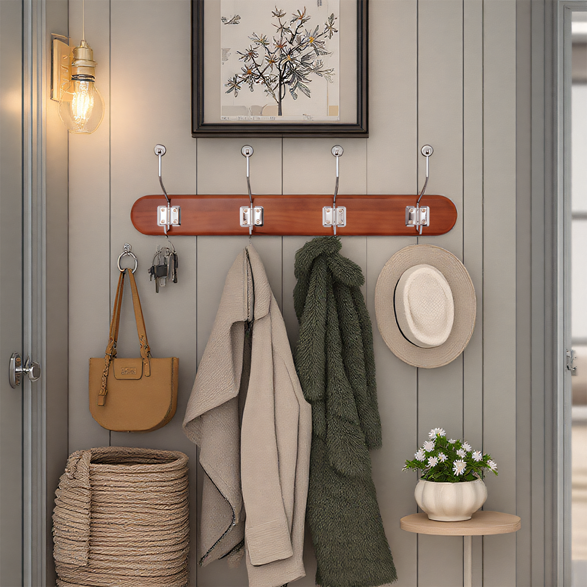 屿积免打孔实木双排挂钩强力粘胶