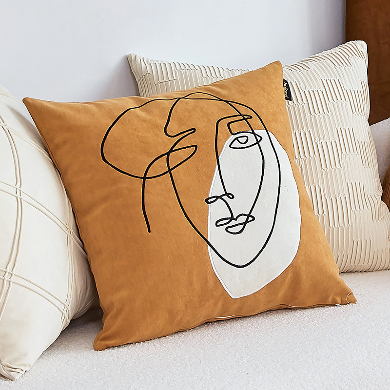 北欧方形桔色皮绒绣花抱枕沙发靠C垫床头靠枕椅子靠背办公室腰枕