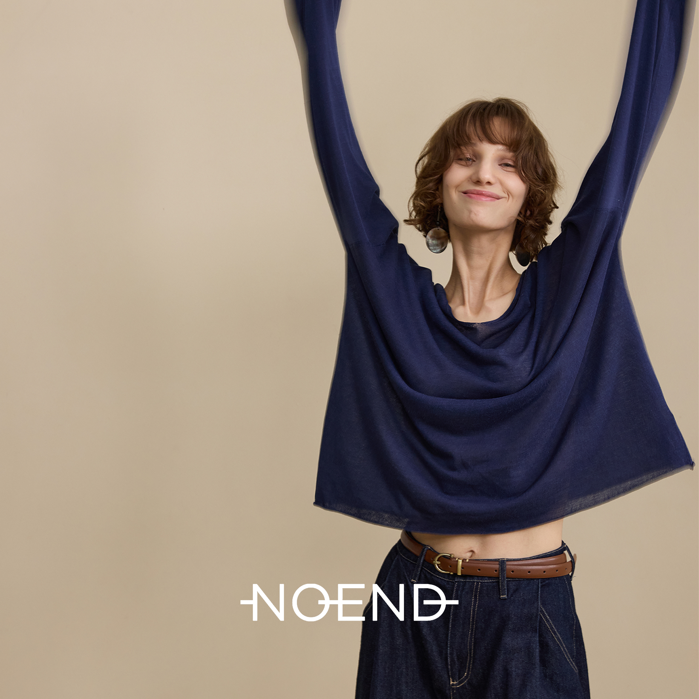 NOEND 25AW 天丝亚麻V领宽松长袖休闲显瘦T恤套头上衣