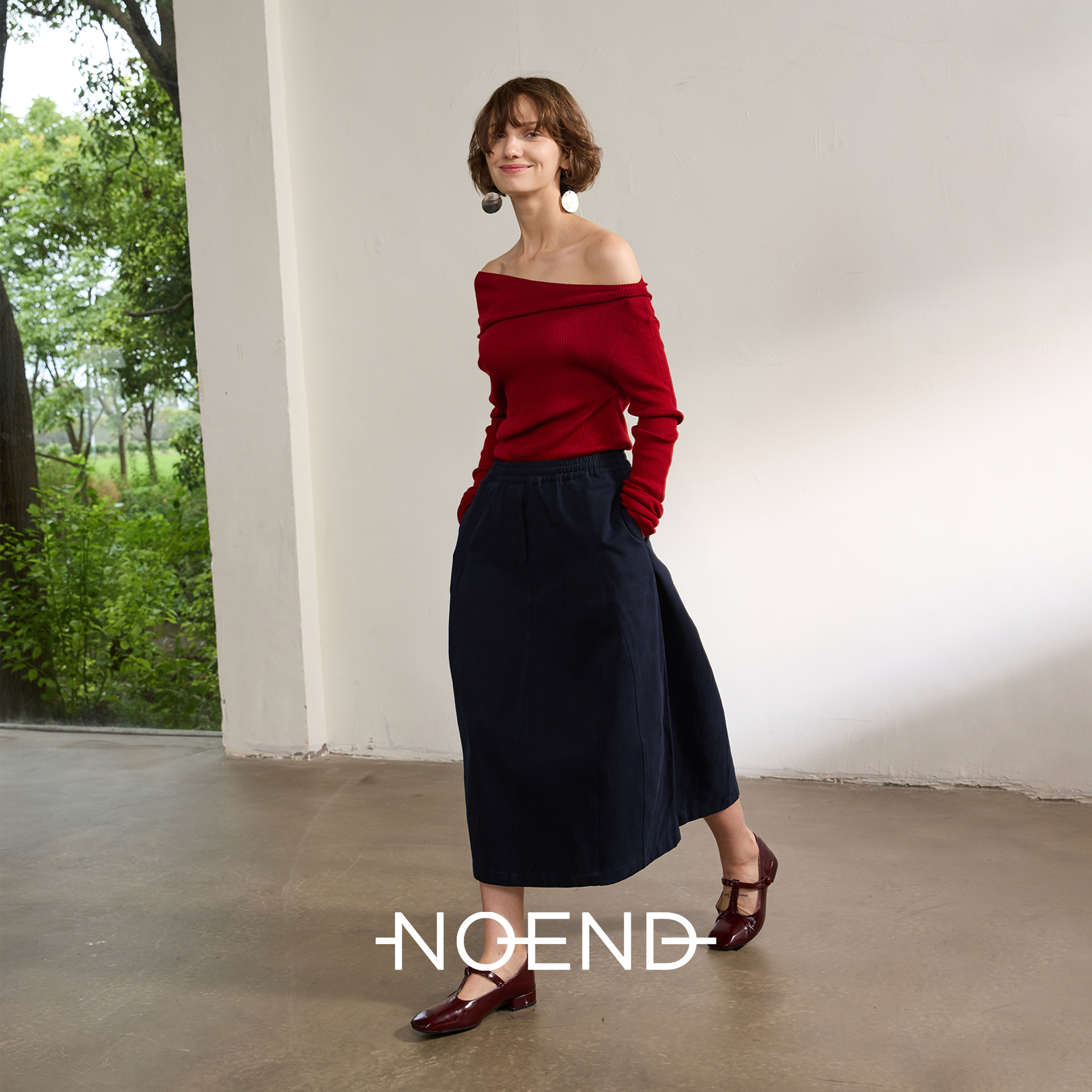 NOEND25AW【怀旧复古】文艺通勤简约棉质磨毛松紧腰花苞半身裙