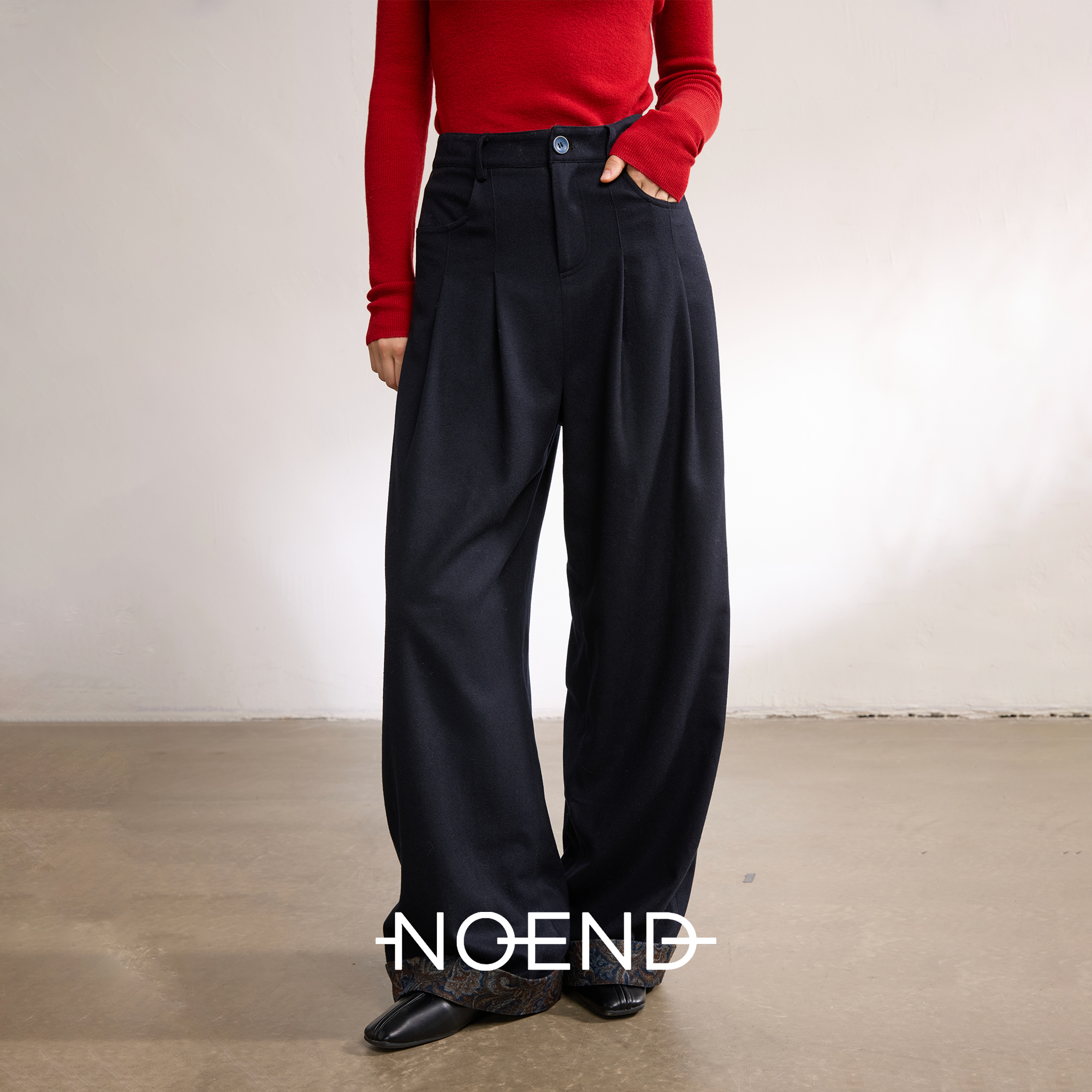 NOEND【漫游冬野画】秋冬腰果花脚口翻边 立体压褶松弛感羊毛长裤