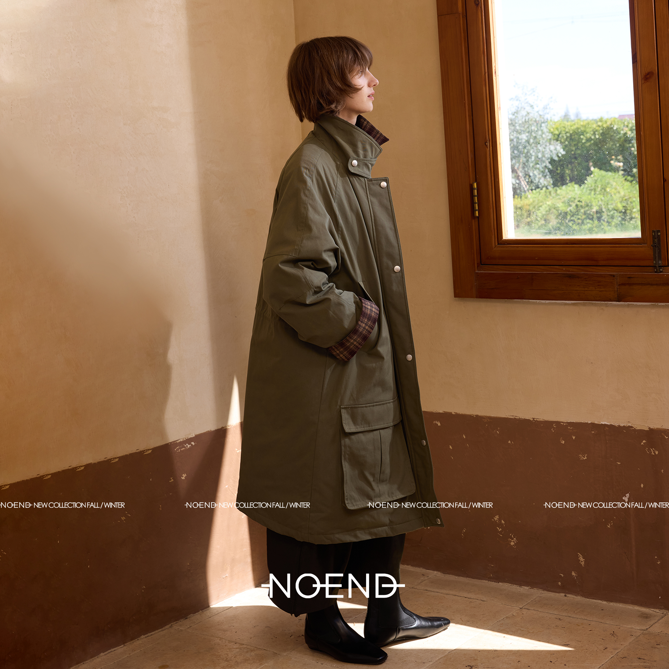 NOEND25/左岸旧章袖口拼格纹宽松加厚羽绒派克风衣