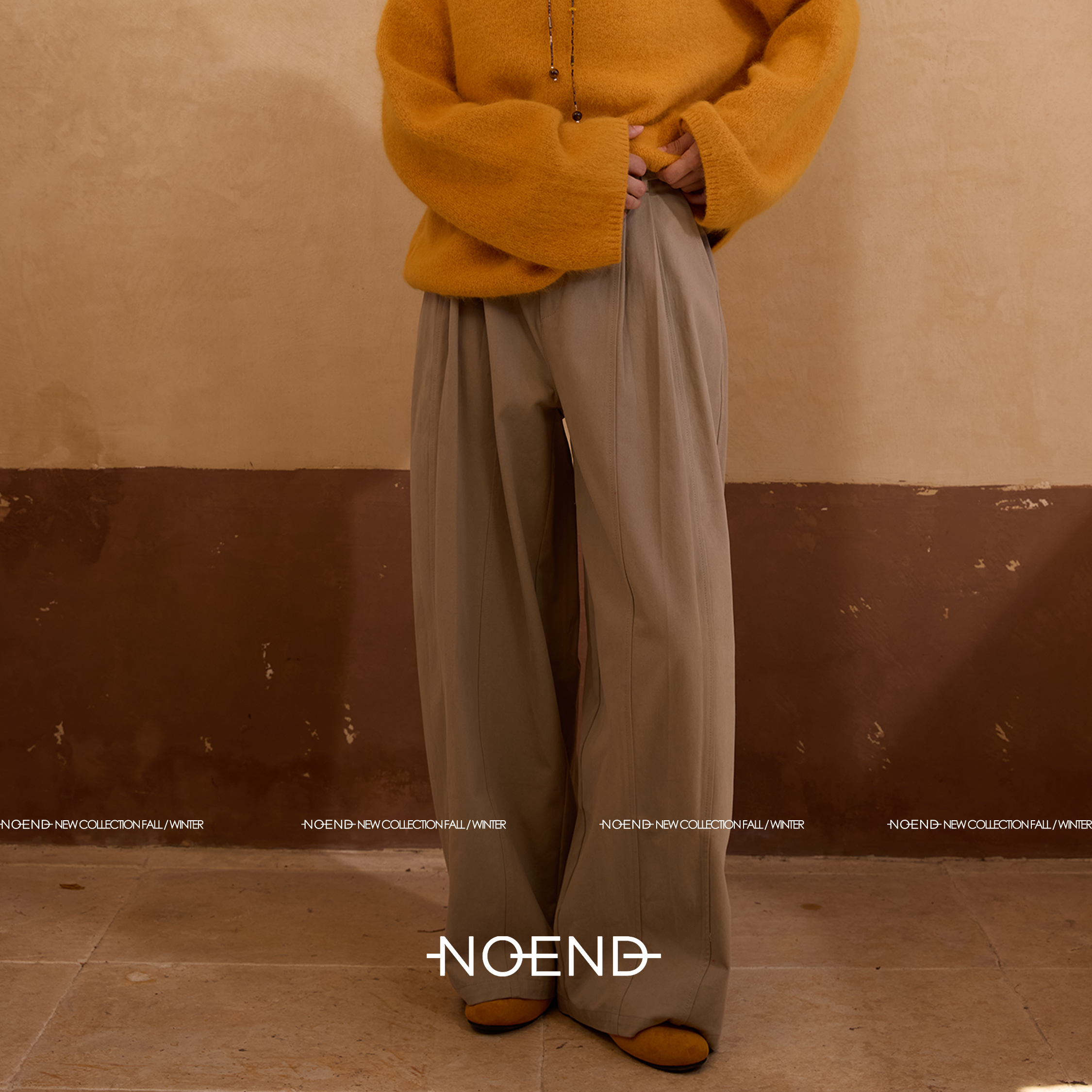 NOEND25/松弛有型洗水棉立体剪裁卡其色休闲阔腿裤