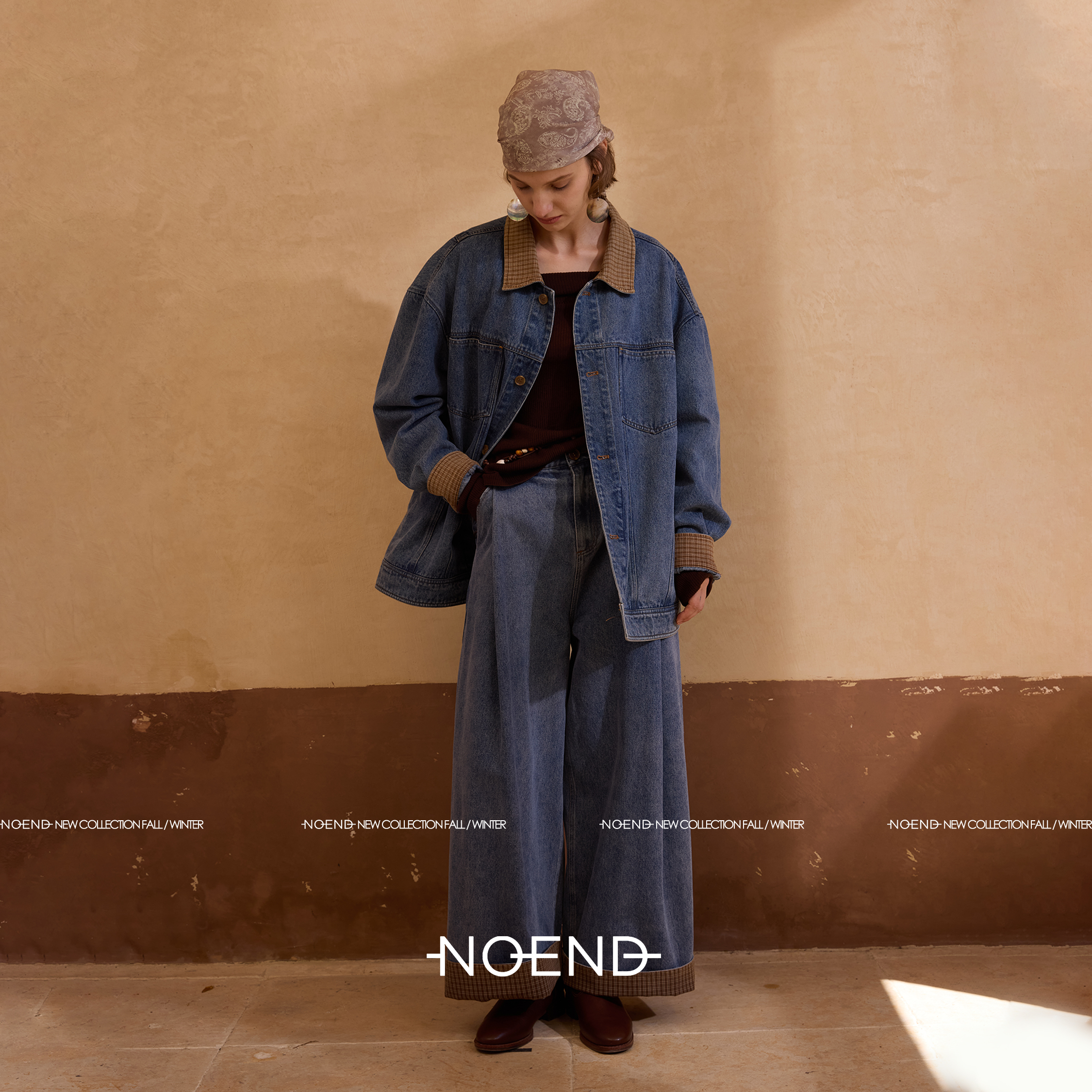 NOENDD25/自由丹宁90s复古直筒脚口翻边格纹牛仔阔腿裤