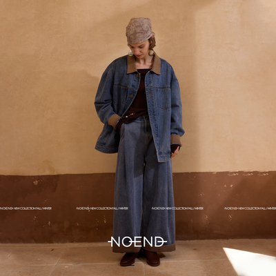 NOENDD25/自由丹宁90s复古直筒脚口翻边格纹牛仔阔腿裤